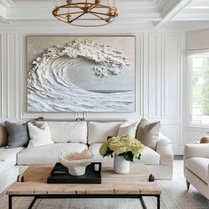 Large Minimalist Textured Breaking Wave Canvas Wall Art Textured Painting for Entryway & Bedroom Decor