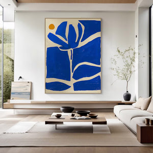 Large Abstract Floral Oil Painting – Blue Geometric Flower Canvas Art Hand Painted for Modern Home