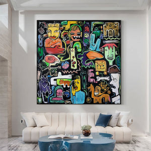 Large Abstract Urban Collage Figurative Oil Painting Basquiat Inspired Colorful Wall Art for Home Decor