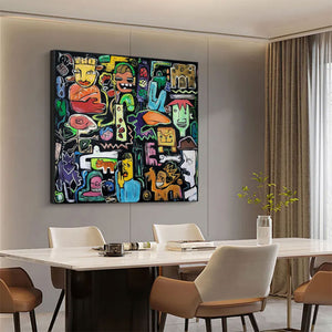 Large Abstract Urban Collage Figurative Oil Painting Basquiat Inspired Colorful Wall Art for Home Decor