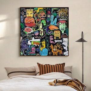 Large Abstract Urban Collage Figurative Oil Painting Basquiat Inspired Colorful Wall Art for Home Decor