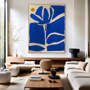 Large Abstract Floral Oil Painting – Blue Geometric Flower Canvas Art Hand Painted for Modern Home