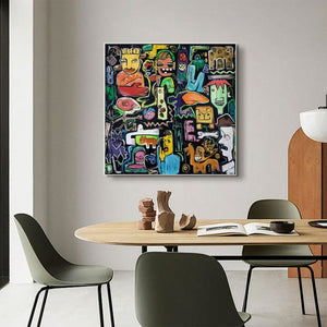 Large Abstract Urban Collage Figurative Oil Painting Basquiat Inspired Colorful Wall Art for Home Decor