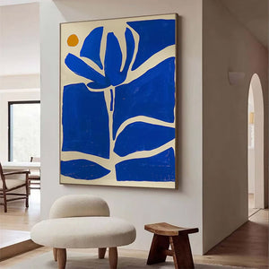 Large Abstract Floral Oil Painting – Blue Geometric Flower Canvas Art Hand Painted for Modern Home