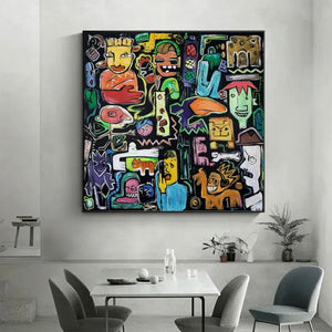 Large Abstract Urban Collage Figurative Oil Painting Basquiat Inspired Colorful Wall Art for Home Decor