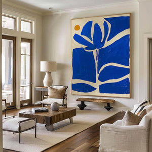 Large Abstract Floral Oil Painting – Blue Geometric Flower Canvas Art Hand Painted for Modern Home