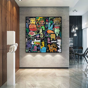 Large Abstract Urban Collage Figurative Oil Painting Basquiat Inspired Colorful Wall Art for Home Decor