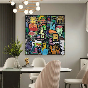 Large Abstract Urban Collage Figurative Oil Painting Basquiat Inspired Colorful Wall Art for Home Decor