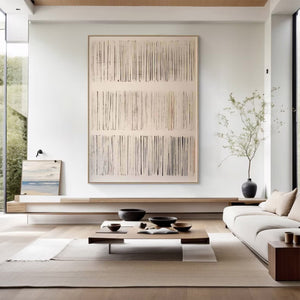 Large Neutral Abstract Painting – Modern Hand Painted Cream and Gray Line Art for Stylish Interior Design