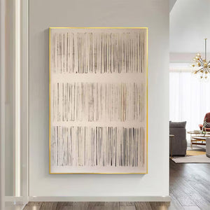 Large Neutral Abstract Painting – Modern Hand Painted Cream and Gray Line Art for Stylish Interior Design