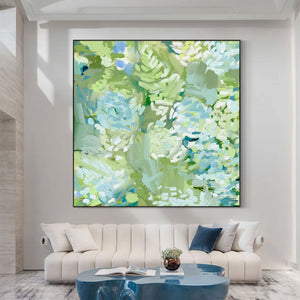 Large Modern Textured Green Flower Canvas Wall Art Creative Botanical Painting for Interior Decor