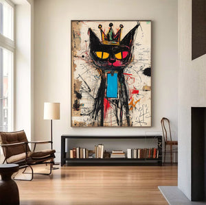 Large Abstract Crown Cat Urban Graffiti Oil Painting Basquiat Inspired Contemporary Wall Art for Modern Home Decor