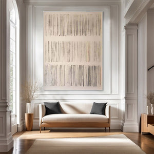Large Neutral Abstract Painting – Modern Hand Painted Cream and Gray Line Art for Stylish Interior Design
