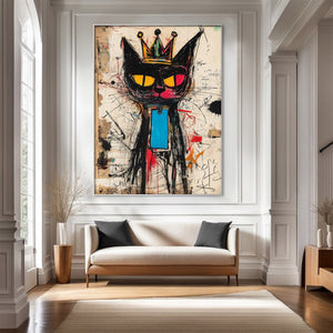 Large Abstract Crown Cat Urban Graffiti Oil Painting Basquiat Inspired Contemporary Wall Art for Modern Home Decor