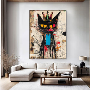 Large Abstract Crown Cat Urban Graffiti Oil Painting Basquiat Inspired Contemporary Wall Art for Modern Home Decor