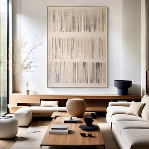 Large Neutral Abstract Painting – Modern Hand Painted Cream and Gray Line Art for Stylish Interior Design