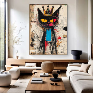 Large Abstract Crown Cat Urban Graffiti Oil Painting Basquiat Inspired Contemporary Wall Art for Modern Home Decor