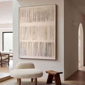 Large Neutral Abstract Painting – Modern Hand Painted Cream and Gray Line Art for Stylish Interior Design