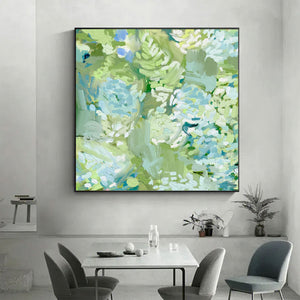 Large Modern Textured Green Flower Canvas Wall Art Creative Botanical Painting for Interior Decor