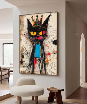 Large Abstract Crown Cat Urban Graffiti Oil Painting Basquiat Inspired Contemporary Wall Art for Modern Home Decor