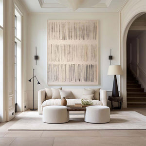 Large Neutral Abstract Painting – Modern Hand Painted Cream and Gray Line Art for Stylish Interior Design
