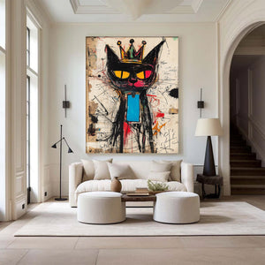 Large Abstract Crown Cat Urban Graffiti Oil Painting Basquiat Inspired Contemporary Wall Art for Modern Home Decor
