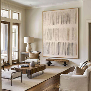 Large Neutral Abstract Painting – Modern Hand Painted Cream and Gray Line Art for Stylish Interior Design