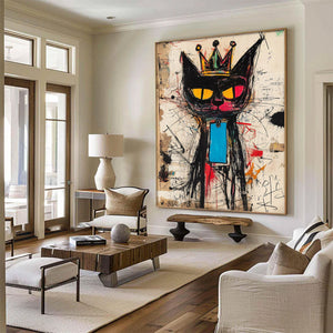 Large Abstract Crown Cat Urban Graffiti Oil Painting Basquiat Inspired Contemporary Wall Art for Modern Home Decor