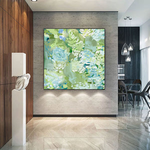 Large Modern Textured Green Flower Canvas Wall Art Creative Botanical Painting for Interior Decor