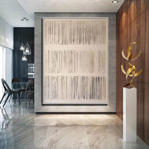 Large Neutral Abstract Painting – Modern Hand Painted Cream and Gray Line Art for Stylish Interior Design