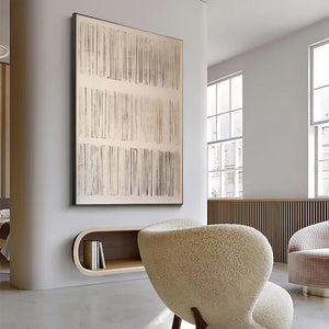 Large Neutral Abstract Painting – Modern Hand Painted Cream and Gray Line Art for Stylish Interior Design