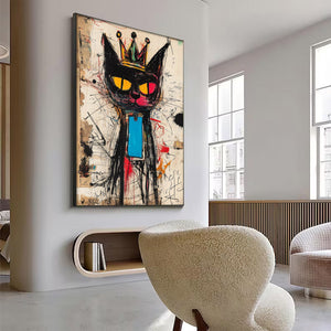 Large Abstract Crown Cat Urban Graffiti Oil Painting Basquiat Inspired Contemporary Wall Art for Modern Home Decor