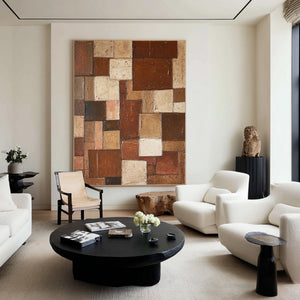 Large Contemporary Patchwork Abstract Canvas Wall Art Terracotta Earth Tone Painting for Home Decor