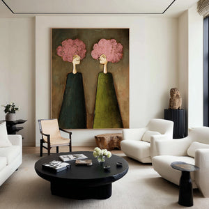 Large Expressive Floral Figure Oil Painting on Canvas Textured Wall Art for Modern Living Room Decor
