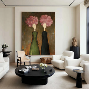 Large Modern Floral Portrait Oil Painting on Canvas Textured Wall Art for Living Room Decor