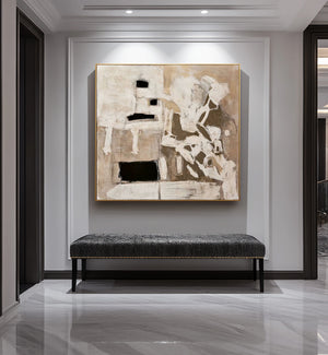 Large Abstract Figurative Oil Painting Neutral Beige Canvas Wall Art for Modern Living Room Decor
