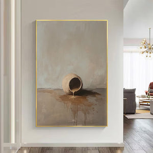 Large Serene Wabi-Sabi Spilled Pot Canvas Wall Art Textured Still Life Oil Painting for Modern Home Decor