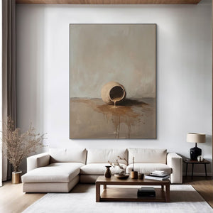 Large Serene Wabi-Sabi Spilled Pot Canvas Wall Art Textured Still Life Oil Painting for Modern Home Decor