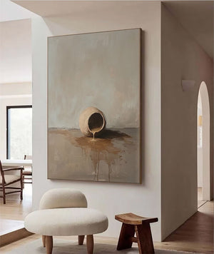 Large Serene Wabi-Sabi Spilled Pot Canvas Wall Art Textured Still Life Oil Painting for Modern Home Decor