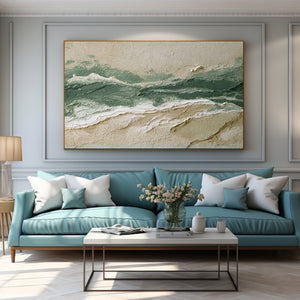 Large Abstract Ocean Wave Oil Painting Textured Green Coastal Canvas Wall Art for Living Room Decor