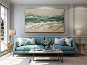 Large Abstract Ocean Wave Oil Painting Textured Green Coastal Canvas Wall Art for Living Room Decor