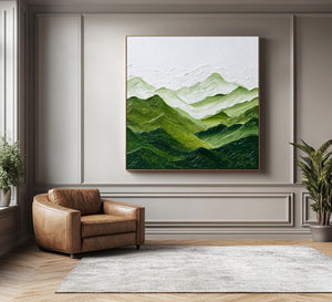 Large Green Mountain Landscape Canvas Wall Art Textured Nature Painting for Living Room Decor