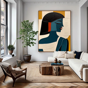 Large Geometric Oil Painting - Abstract Female Portrait Wall Art Hand Painted for Contemporary Decor