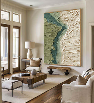 Large Abstract River Landscape Oil Painting Green Textured Terrain Canvas Wall Art for Living Room Decor