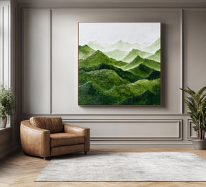 Large Abstract Mountain Painting Green Landscape Canvas Wall Art for Modern Interior Decor