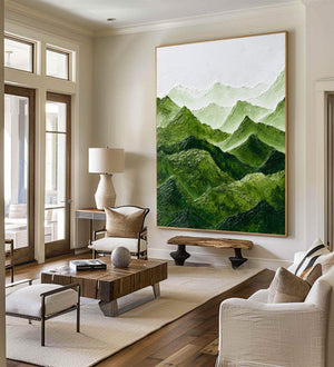 Large Abstract Mountain Painting Green Landscape Canvas Wall Art for Modern Interior Decor