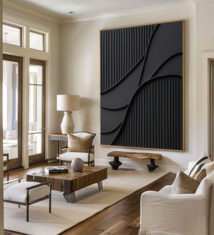 Large Black Abstract Geometric Painting Textured Modern Canvas Wall Art for Living Room Decor