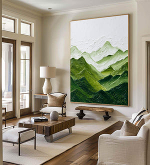 Large Green Mountain Landscape Canvas Wall Art Textured Nature Painting for Living Room Decor