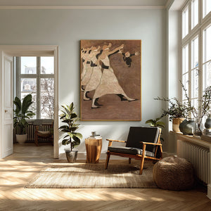 Large Vintage Dancing Figures & Puppet Figurative Oil Painting Folk Art Canvas Wall Art for Living Room Decor