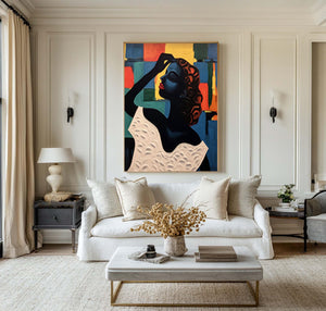 Large Hand Painted Abstract Woman Oil Painting – Colorful Female Portrait for Modern Wall Decor